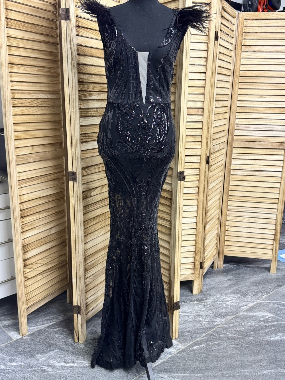 Jennifer's Black Sequin Feather-Trim Mermaid Gown